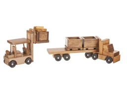 Two wooden toy vehicles, a forklift carrying a small crate and a flatbed semi truck with two wooden crates on its trailer, shown in natural light and warm brown stained wood with dark wheels on a white background.