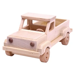 A small unfinished natural-wood pickup truck toy with an open cargo bed, round wooden wheels, and wooden knobs on the front, shown against a plain white background.