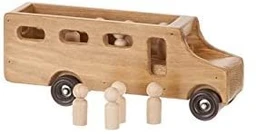 A natural unfinished wood toy bus with dark wheels and three peg-style wooden passenger figures standing beside it on a white background.