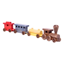 A wooden toy train set with a brown engine, a blue passenger car, a yellow tanker car and a red caboose, with wooden wheels, shown on a white background.