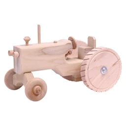 A small unfinished pale wooden toy tractor with large rear wheel, smaller front wheels, a vertical exhaust stack, and a light natural wood tone on a white background.