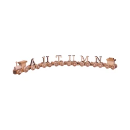 A natural-finish wooden toy train with wheeled letter cars spelling AUTUMN on a white background.