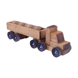 A wooden toy semi truck with a dark brown harvest-stain finish, black wheels, and a flatbed trailer loaded with round wooden barrels, shown on a white background.