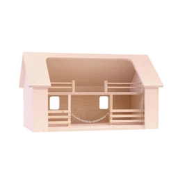 A small unfinished pale wooden toy barn with a gabled roof, open front, railed hayloft, two animal pens and a chain across the front, on a white background.