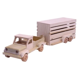 A natural unfinished light wood toy pickup truck attached to a slatted wooden horse trailer with wheels, photographed against a plain white background.