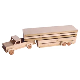 A natural unfinished light wood toy pickup truck towing a slatted gooseneck trailer with rolling wheels, shown against a plain white background.