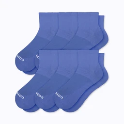These are quarter-ankle compression socks in a blue knit, shown as a 6-pack. They appear unisex (suitable for men or women) and feature a snug, ribbed cuff with reinforced toe/heel areas for support. The visible material looks like a breathable, stretchy synthetic knit designed for wearability and comfort.