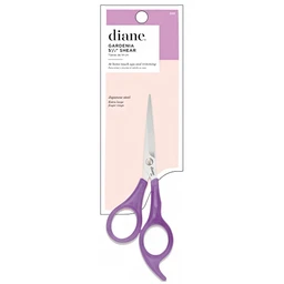 A pair of purple-handled stainless steel shears in a pink and white retail blister card labeled Diane Gardenia 5-1/2 inch Shear.