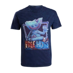 A navy blue short-sleeve crew-neck tee featuring a large front graphic of a blue, plush-style character with the text “FREE HUGS.” The cut and styling appear to be a standard unisex/men’s fit, suitable for adults. Notable visible details: bold illustrated character, bright color contrast in the graphic, and the casual tee silhouette.