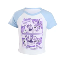 Light blue and white raglan short-sleeve T-shirt with a purple Poppy Playtime graphic printed on the front.