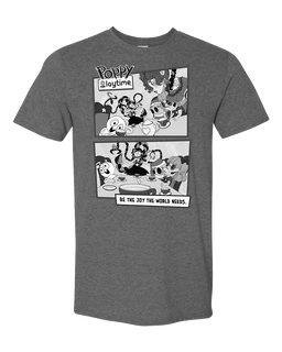 This is a short-sleeve crew-neck T-shirt in heather gray with a black-and-white graphic panel print across the chest, featuring a comic-strip layout and the caption “BE THE JOY THE WORLD NEEDS.” Judging by the male-presenting model, cut, and styling, it’s aimed at men (unisex appeal possible). Visible details include a soft cotton-like fabric, relaxed fit, and a bold monochrome graphic tee style.