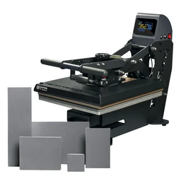 A black industrial heat press with a digital touchscreen control panel, mounted on a stand with a lever, accompanied by several blank metal transfer plates.
