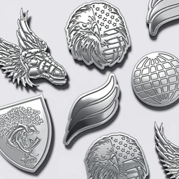 Assorted chrome-finish metal patches in various shapes laid out on a light gray surface.