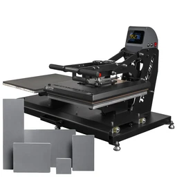 Black TrueSpec 16" x 20" dual-station auto-open hybrid heat press with sliding lower platens, digital control panel, and metal frame on a shop floor.