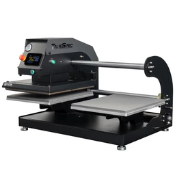 A black 16x20 pneumatic heat press with a long chrome handle, digital control panel, and dual platens mounted on a sturdy metal frame.