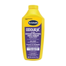 Yellow plastic bottle of Dr. Scholl's Odour-X Ultra Odor-Fighting Foot Powder with a purple label.