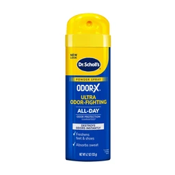 A yellow and blue bottle of Dr. Scholl's Odor-X Ultra Odor-Fighting Spray Powder for feet, standing against a plain white background.