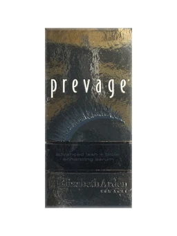 A dark charcoal and gold rectangular carton of Elizabeth Arden Prevage lash and brow enhancing serum, with a dark lash illustration and white lettering on the front.