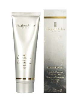 A silver metallic tube of Elizabeth Arden Superstart cleanser stands beside its gold-and-silver cardboard box on a plain white background.