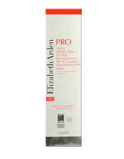 A white boxed sunscreen lotion carton with red and grey lettering reading Elizabeth Arden PRO Triple Protection Factor Broad Spectrum SPF 50, shown against a plain white background.