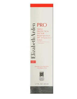 A tall white carton with red accents and black lettering for Elizabeth Arden PRO Triple Protection Factor Broad Spectrum SPF 50 Sunscreen Lotion, shown against a plain white background.