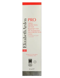 A white boxed sunscreen lotion carton with red and black Elizabeth Arden Pro branding, shown against a plain white background.