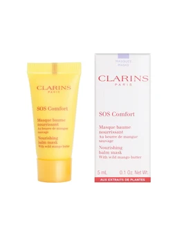 A small yellow squeeze tube of Clarins SOS Comfort nourishing balm mask stands beside its white and yellow cardboard box on a plain white background.