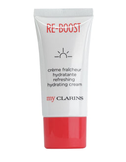 A white squeeze tube with a red cap labelled Re-Boost refreshing hydrating cream by My Clarins, shown against a plain white background.