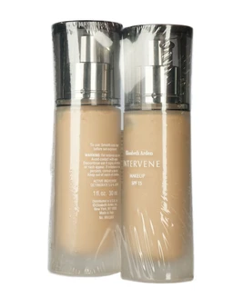 Two pump bottles of beige liquid Elizabeth Arden Intervene makeup foundation, wrapped together in clear plastic, shown against a white background.