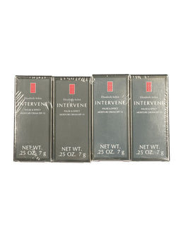 Four grey boxed tubes of Elizabeth Arden Intervene Pause & Effect Moisture Cream SPF 15, shown side by side on a white background, with black and red branding and net weight labels.