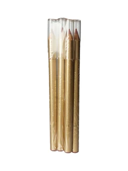 Four gold-cased cosmetic pencils with brownish-pink tips are bundled together and sealed in clear plastic wrap against a white background.