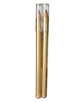Two gold-barrelled lip pencils with clear protective caps and reddish-brown pencil tips stand side by side against a white background.