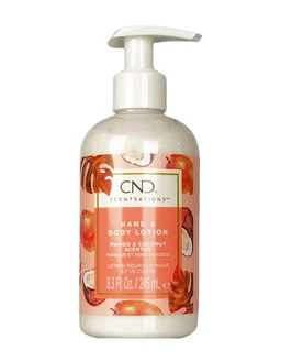 A white pump-top bottle of CND Scentsations hand and body lotion with a peach label decorated with mango and coconut illustrations.