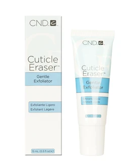 A white and light blue tube of CND Cuticle Eraser Gentle Exfoliator standing beside its matching light blue and white box on a white background.