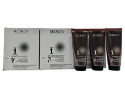 Three brown plastic tubes of Redken Smooth Activator hair product sit in front of two white cartons printed with the Redken logo and a black dot-pattern graphic.