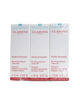 Three sealed white Clarins Hydra-Essentiel serum cartons, each 15 ml, displayed side by side on a plain light background with red and blue accents on the packaging.