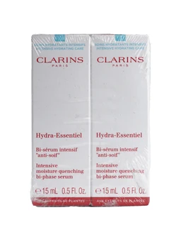 Two white Clarins Hydra-Essentiel serum boxes, each 15 mL, shrink-wrapped side by side on a plain white background.