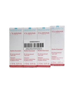 Four small white Clarins Hydra-Essentiel bi-phase serum boxes, each 15 ml, lined up side by side on a white background with a barcode label on the second box.