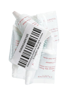 A bundle of six small white sachet-style tubes of Clarins eye contour gel, wrapped in clear plastic film with a printed barcode label on a white background.