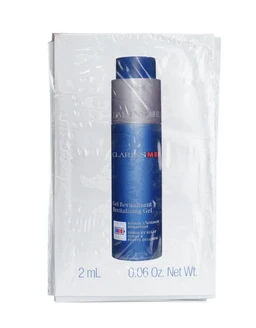 A small blue Clarins Men Revitalizing Gel sachet packet in clear plastic wrap, showing a blue bottle-style tube, 2 mL and 0.06 oz net weight printed on the white packaging.