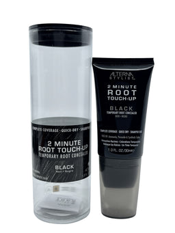 A black tube of Alterna 2 Minute Root Touch-Up temporary root concealer sits beside its clear plastic outer packaging on a white background.