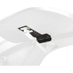 A black metal armrest tray bracket mounted under a clear white plastic tray on a white chair frame against a plain white background.