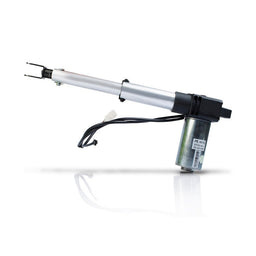 A silver aluminum linear actuator with a black gearmotor housing and a black wire harness, shown against a plain white background.