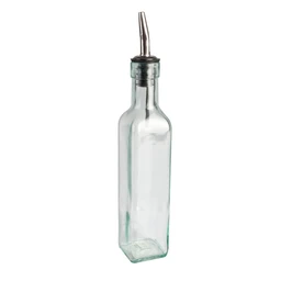 A clear glass square-shouldered bottle with a stainless steel pour spout on top, shown against a white background.