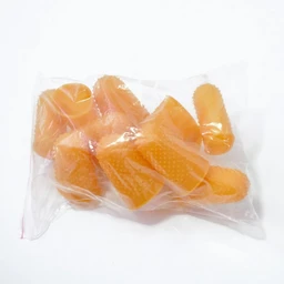 A clear plastic bag holding about a dozen orange rubber finger covers with ridged, textured surfaces on a white background.