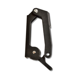 A black metal lock and latch assembly with two small silver pivot pins and a hook-shaped tab, shown against a plain white background.