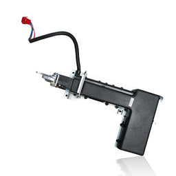 A black plastic-housed linear actuator with a metal rod, mounting brackets, and a black cable ending in a red connector, shown against a white background.