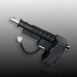 A black plastic linear actuator with a chrome-tipped extending rod and a wire harness with a white connector, shown against a grey gradient background.