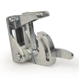 A polished silver metal latch assembly with a spring-loaded pivot pin, a hook-shaped catch and a curved lever arm, shown against a plain white background.