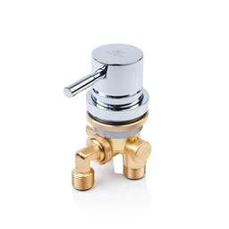 A polished chrome single lever handle with brass body and two angled brass threaded inlet ports, shown against a plain white background.